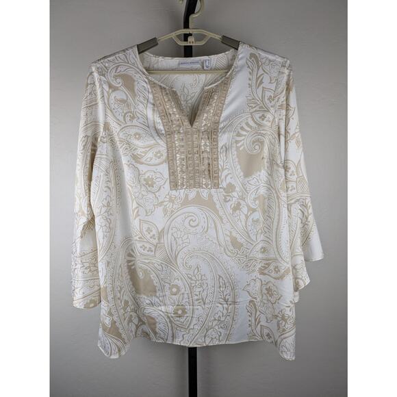 Susan Graver Beige Paisley Print Blouse Bell Sleeves Silky Satin - Picture 1 of 6